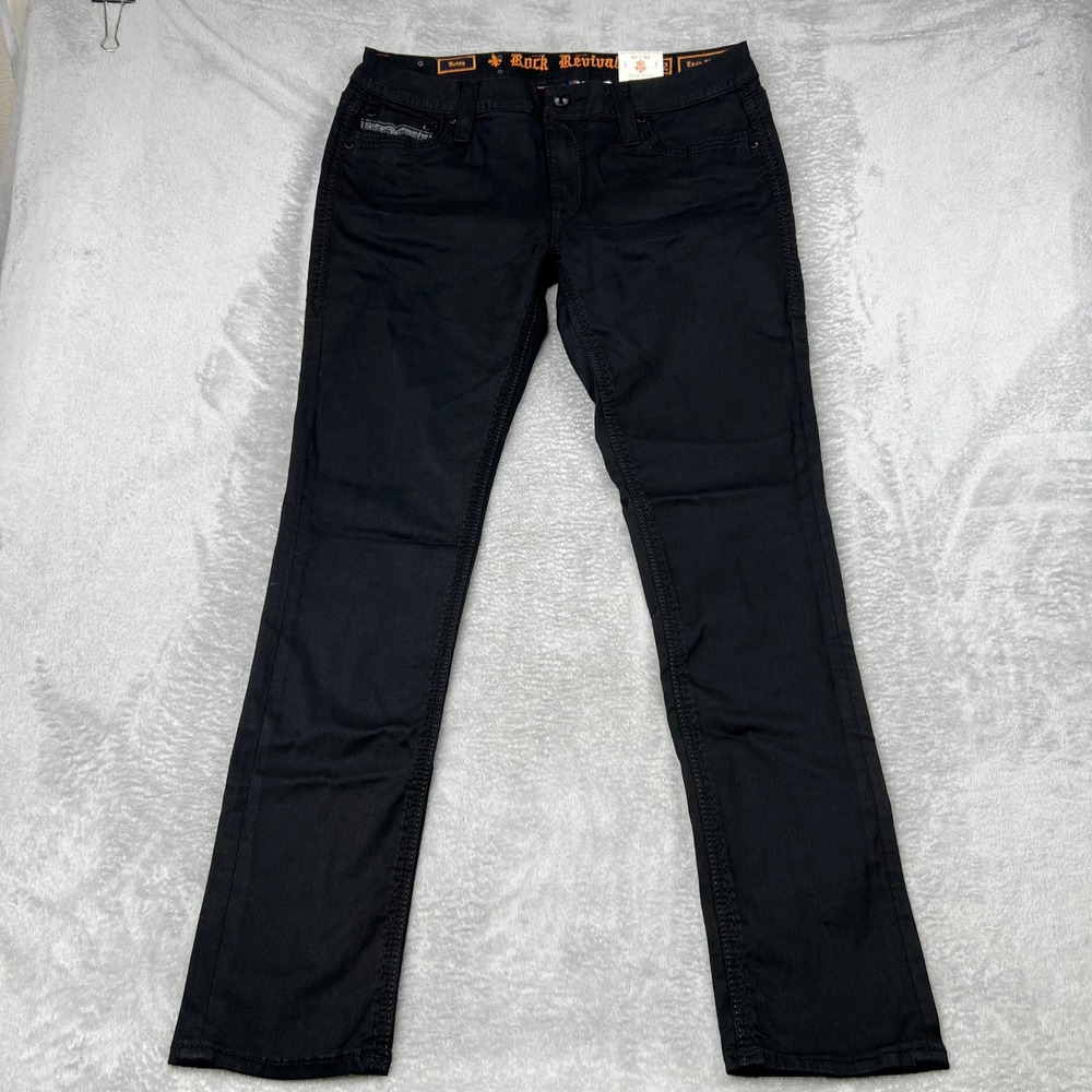 Rock Revival Betty Easy Skinny Black Jeans 32x32 Sequin Fleur-de-Lis Buckle